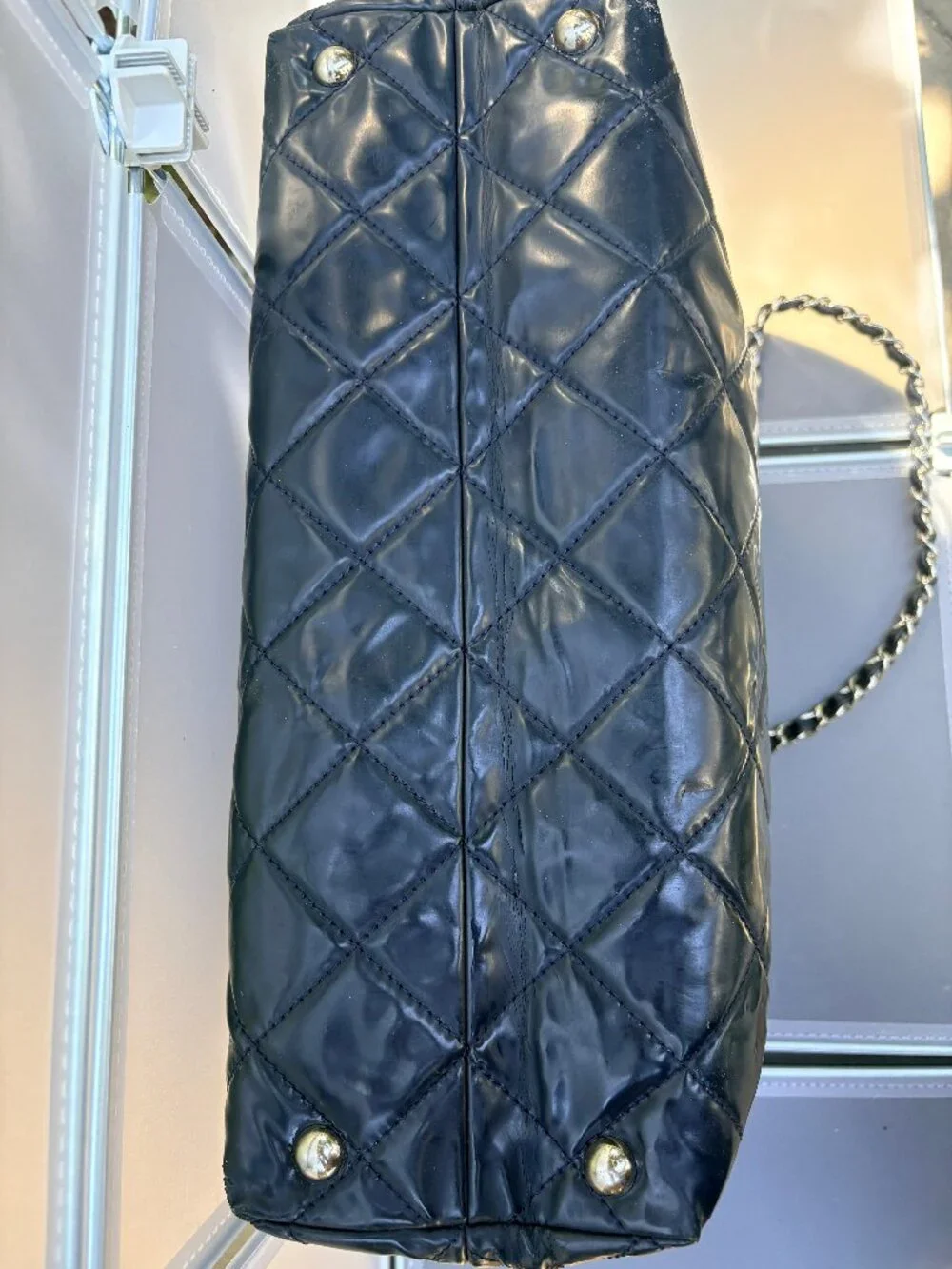 CHANEL Navy Blue Quilted Patent Leather Tote Bag Silver Chain Shoulder Bag - Picture 4 of 16